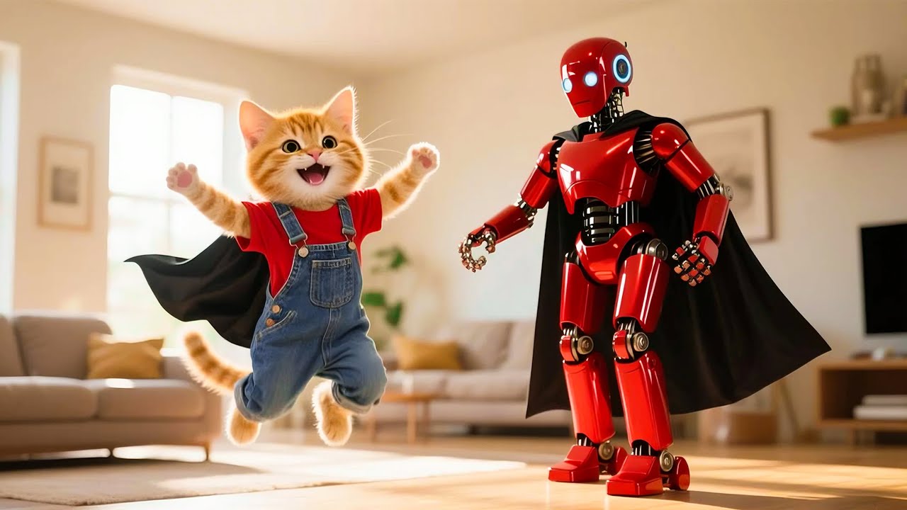 ジンジャーの子猫はロボットが壊れて悲しんでいたが、母猫が修理してくれて、ジンジャーの子猫はとても嬉しくなった