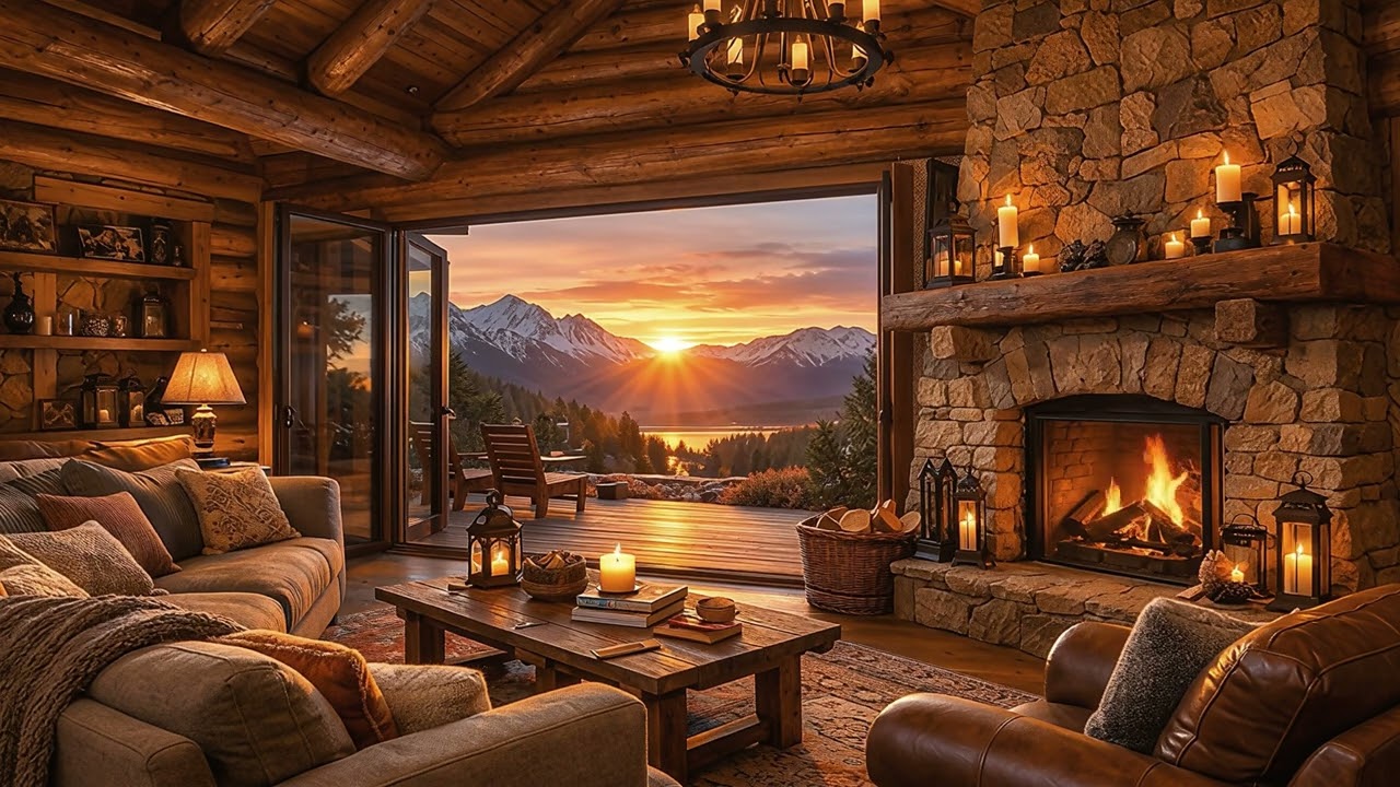 Cozy Log Cabin with Beautiful Mountain View | Rustic Style with Calm Piano Mix for relaxing.