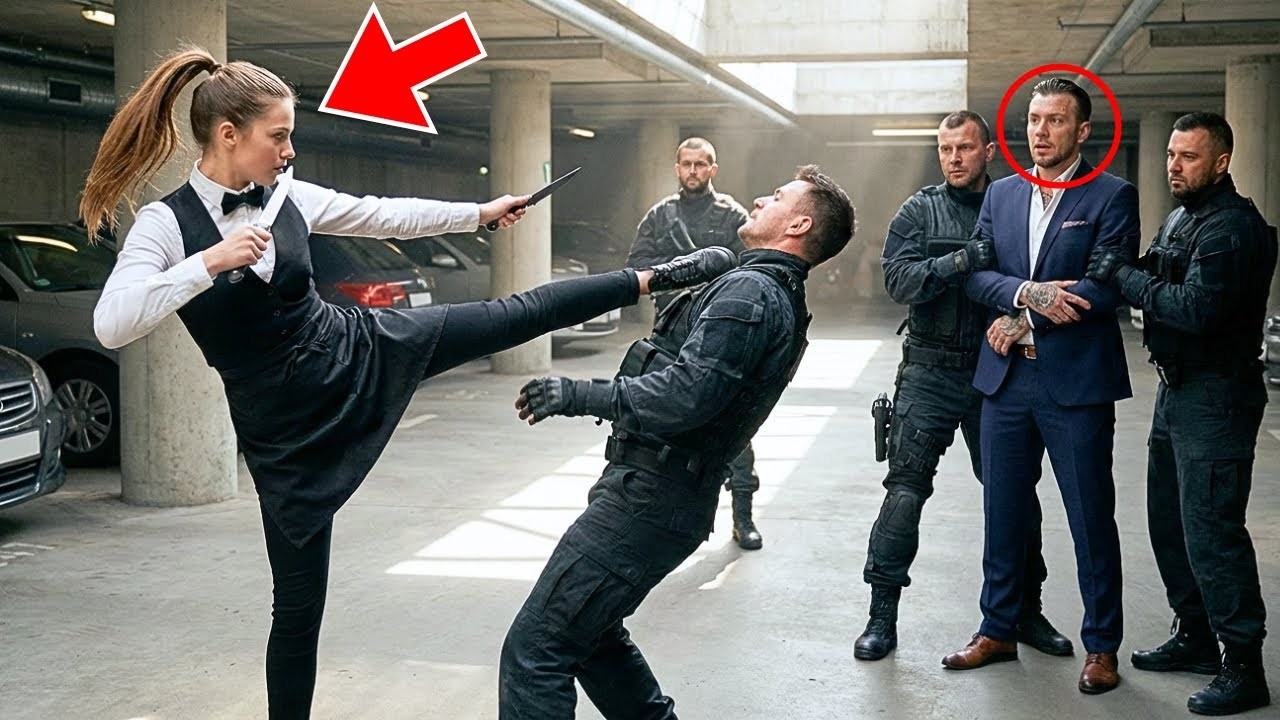 Six hommes piègent un chef mafieux dans un parking — le talent secret d’une serveuse discrète!