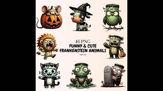 46 Watercolor Spooky Cute Frankenstein Animals Clipart PNG