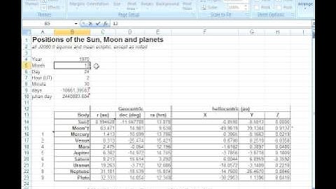 Calculating Sun, Moon & Planet positions (RA, DEC) in Excel file