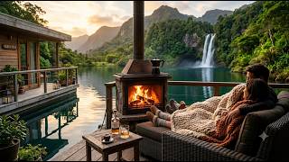 Cozy Sunset on a Serene Deck with a Emerald Lake and Lush Green Mountains