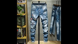 Eh · md®мужские джинсы с дырками и вышивкой, мягкие хлопковые эластичные кожаные узкие брюки