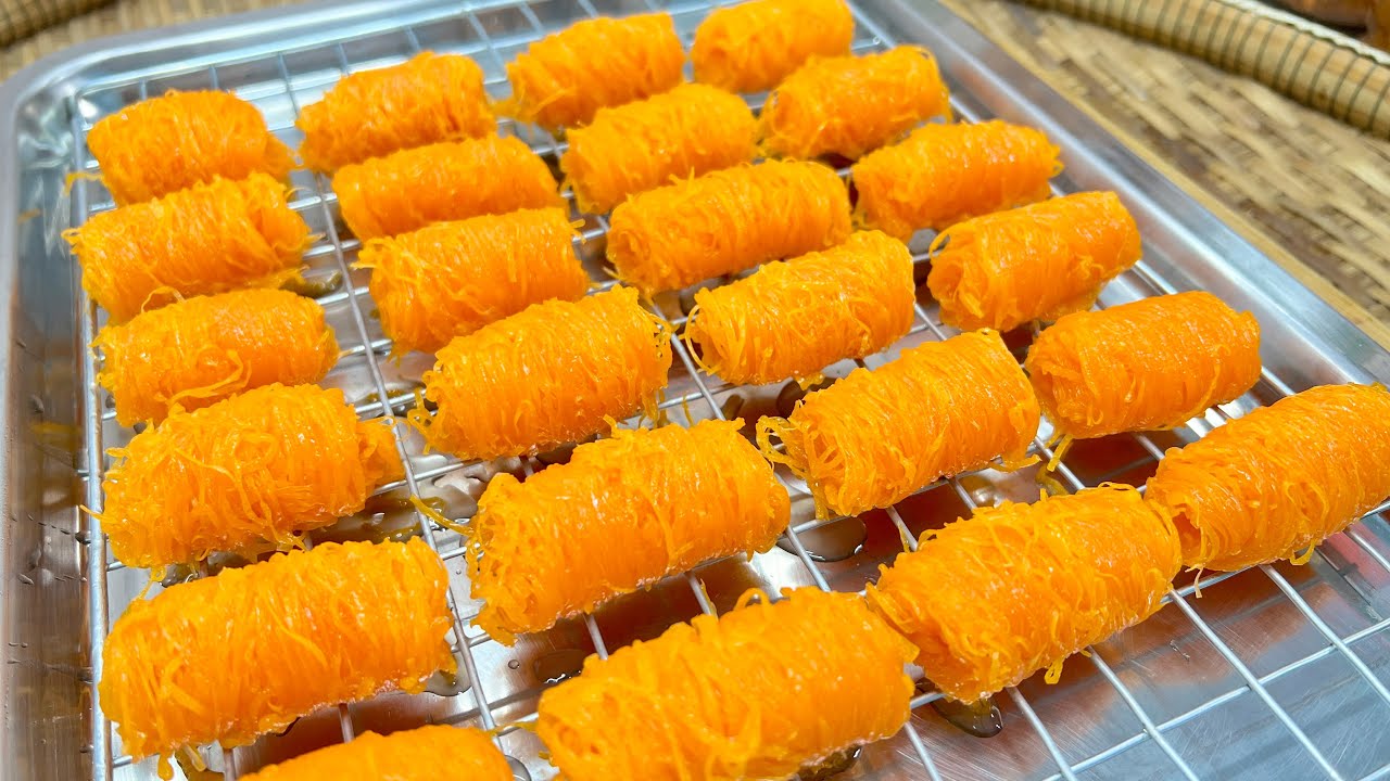 ฝอยทองม้วน ขนมไทยทำง่ายหอมหวานอร่อยมาก สีสวย วิธีม้วน