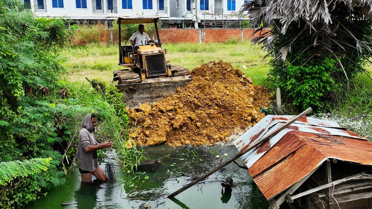 Full Filling Land Process!  Delete Flooded Garbage Pond by Skill Bulldozer Pushing Stone Into Water