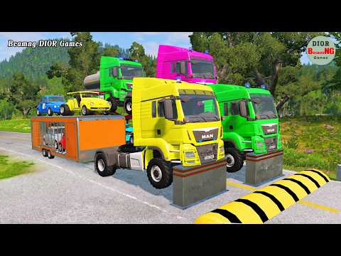 Double Flatbed Trailer Truck vs speed bumps|Busses vs speed bumps|Beamng Drive|1464