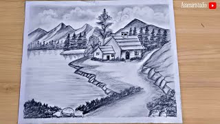 how to draw Easy pencil sketch scenery landscape scenery drawing for beginners,