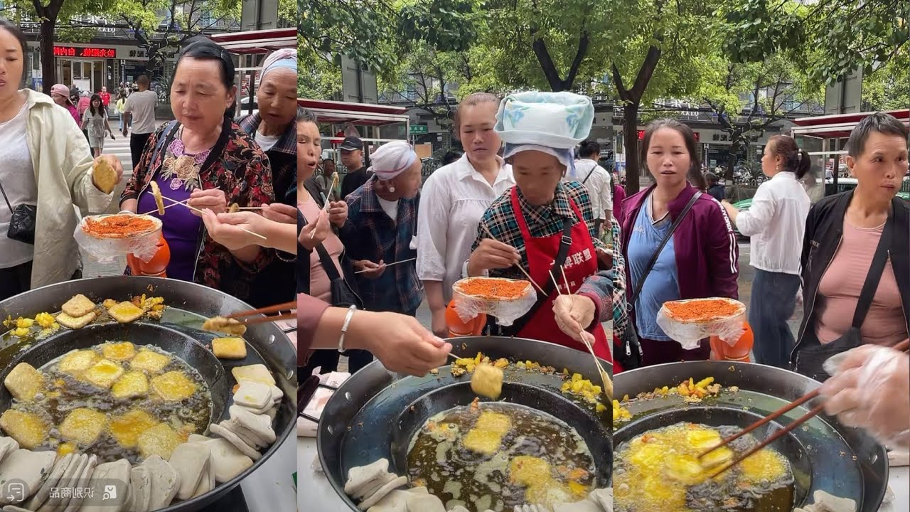 路上で揚げポテトチップスや乾燥豆腐を無料で調理。おいしい田舎料理。