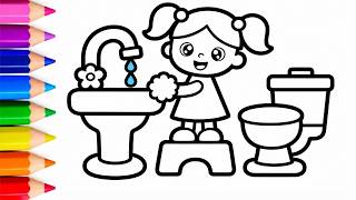 Cute Simple Drawing Girl Washing Hands Coloring Page | Hand Washing Fun for Kids|Meemaa Kids Channel