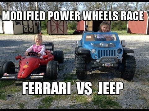 ferrari-f1-vs.-jeep-hurricane---awesome-18-volt-custom-power-wheels-race---modified-racing