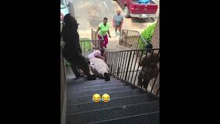 Fat girl falls down the stairs tryna fight 😂