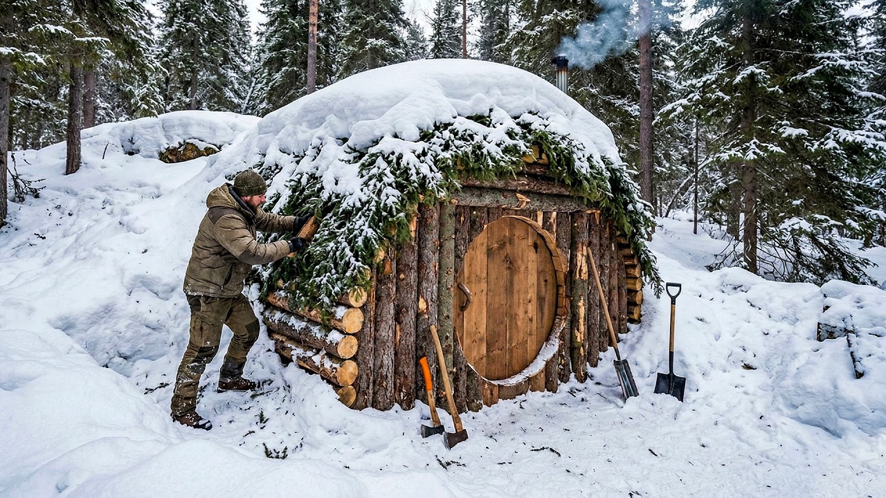 I BUILT A HOBBIT HOUSE from SCRATCH in DEEP SNOW! ❄️ (Extreme Winter Survival)