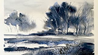 USE 1 COLOR!!! BEGINNERS Loose WATERCOLOR Landscape PAINTING Tutorial DEMO, Watercolour SALT EFFECTS