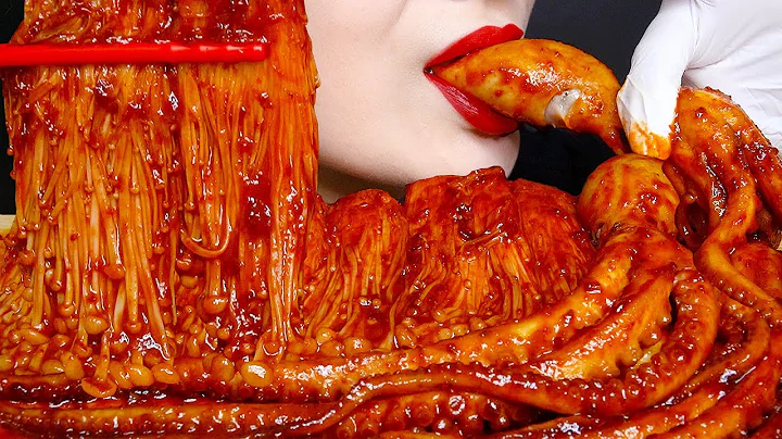 ASMR Spicy Enoki Mushroom, Octopus Mukbang eating show (No Talking)ㅣ매운 팽이버섯, 낙지 먹방ㅣRED ASMR