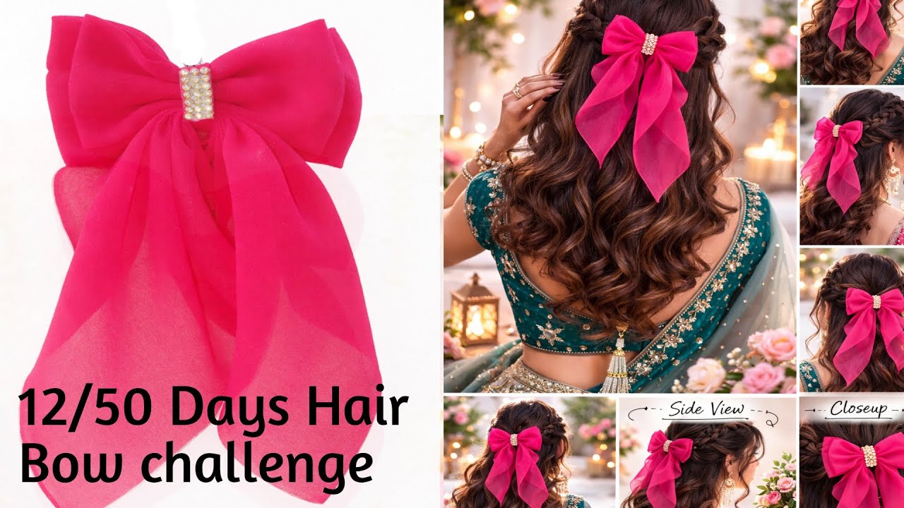 🎀12/50 Days Hair Bow Challenge | Double Layer Hair Bow with Long tail | Georgette fabric Hair Bow
