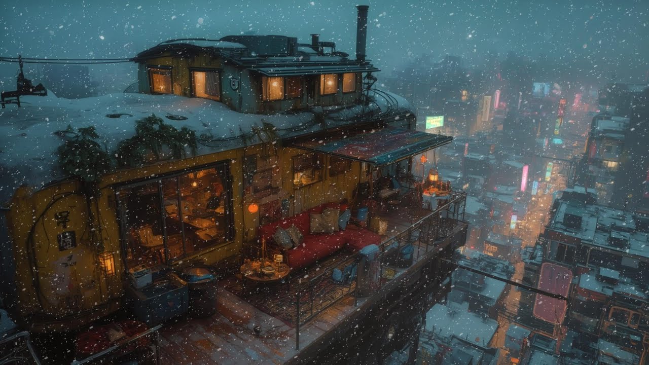 Peaceful Snowfall Lofi Mix Over Futuristic Metropolis | Calm Space for Late-Night Study