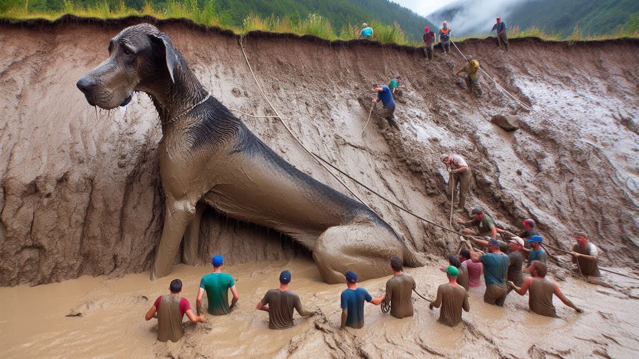 Rescuing giant dog stuck in mud - YouTube
