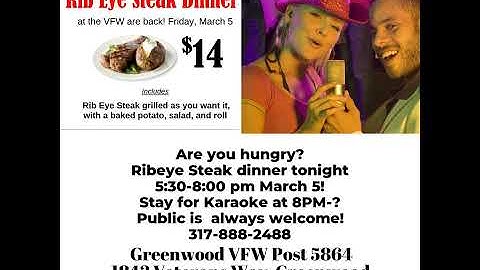 Are you hungry? Ribeye Steak dinner tonight 5:30-8:00 pm March 5!  Stay for Karaoke at 8PM-? Public…