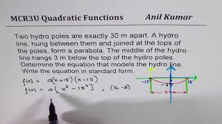 Quadratic Equation with two poles 30 m apart with hydro wire slacking 3 m in the centre