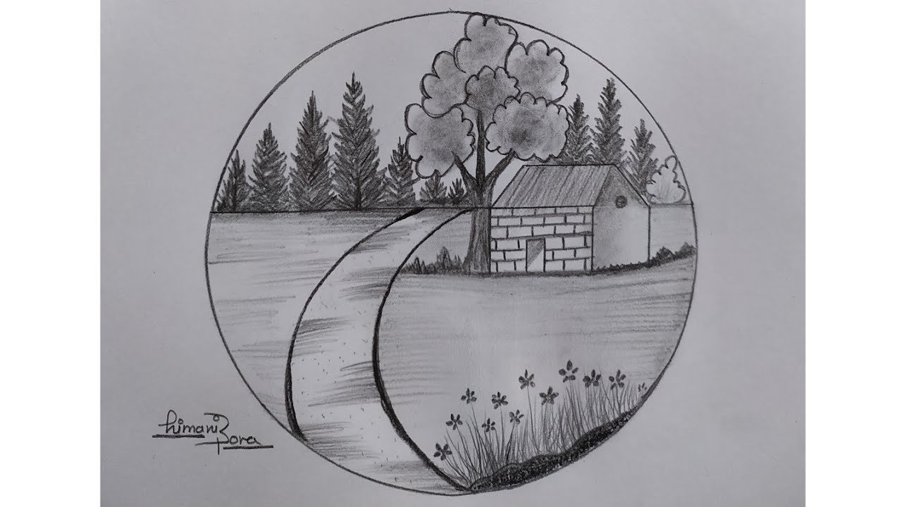 How to draw scenery / village scenery drawing / circle scenery drawing ...