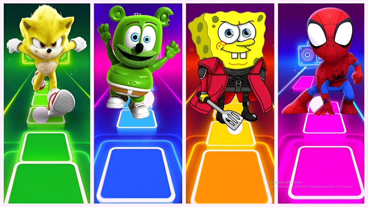 Sonic 🆚 Gummy Bear 🆚 SpongeBob 🆚 Spidey in Tiles Hop EDM Rush🎶