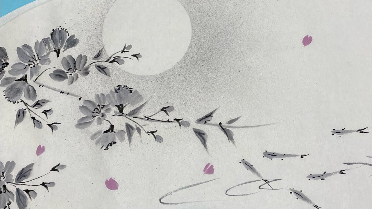 【桜シリーズ2 一筆画】墨絵風　簡単な桜の木と地蔵絵　ほのぼの一筆画😃9