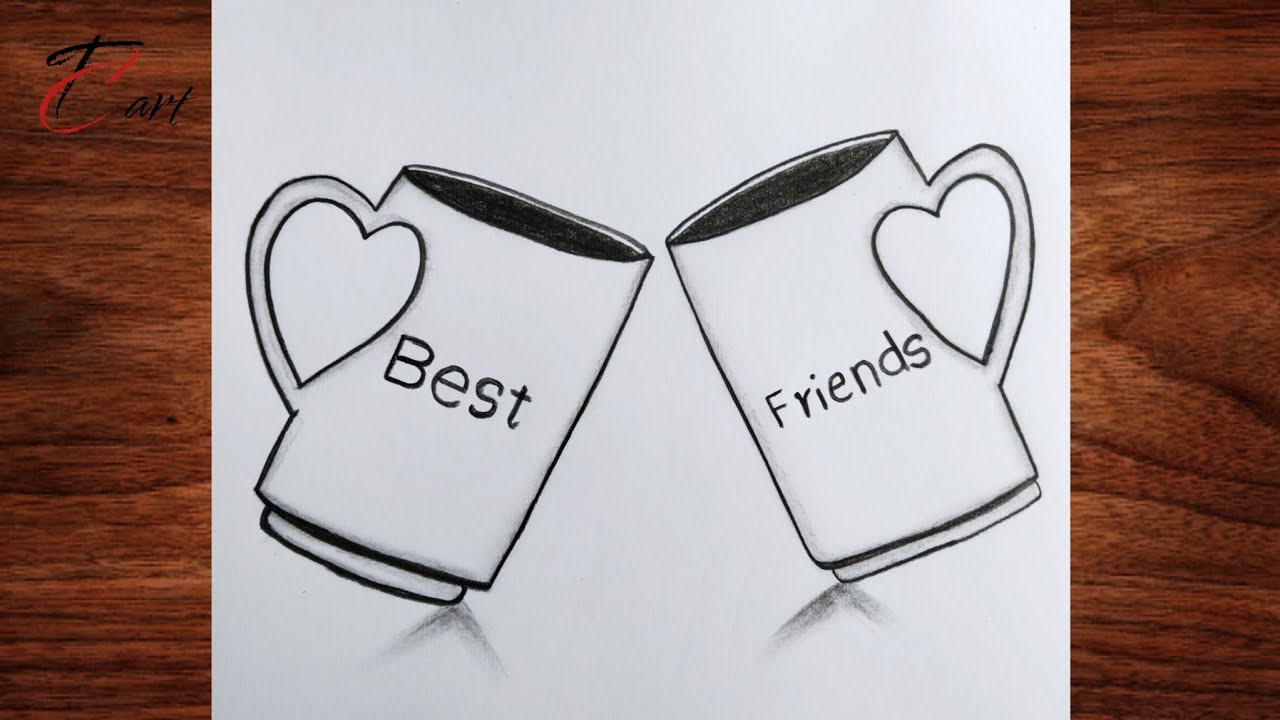 Friendship Day Easy Drawing || How To Draw Best Friend Drawing On Cup ...