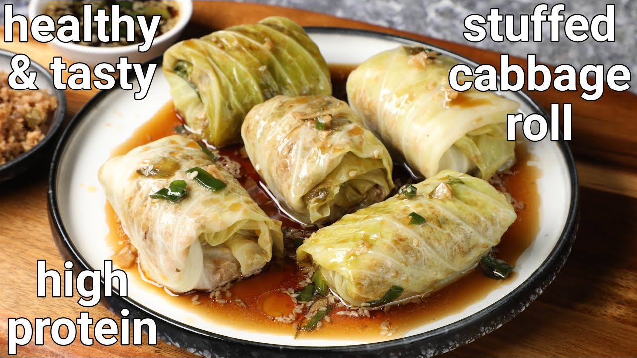 healthy & tasty stuffed cabbage rolls recipe | cabbage spring roll with minced soya chunks - hebbars | Hebbar | Hebbars Kitchen