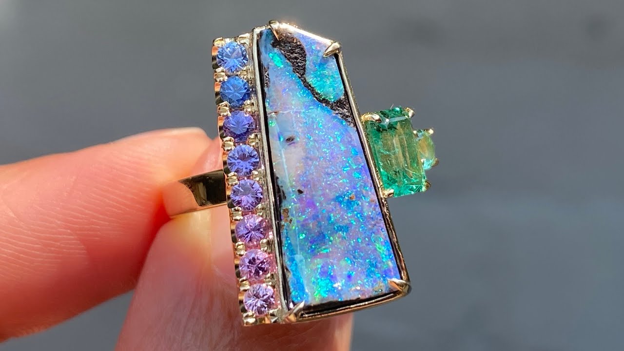 Mystic Waterfall Boulder Opal and Emerald Ring by NIXIN Jewelry