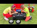 Surprise for Max! Kids Opening Toy Engine Truck with Dad