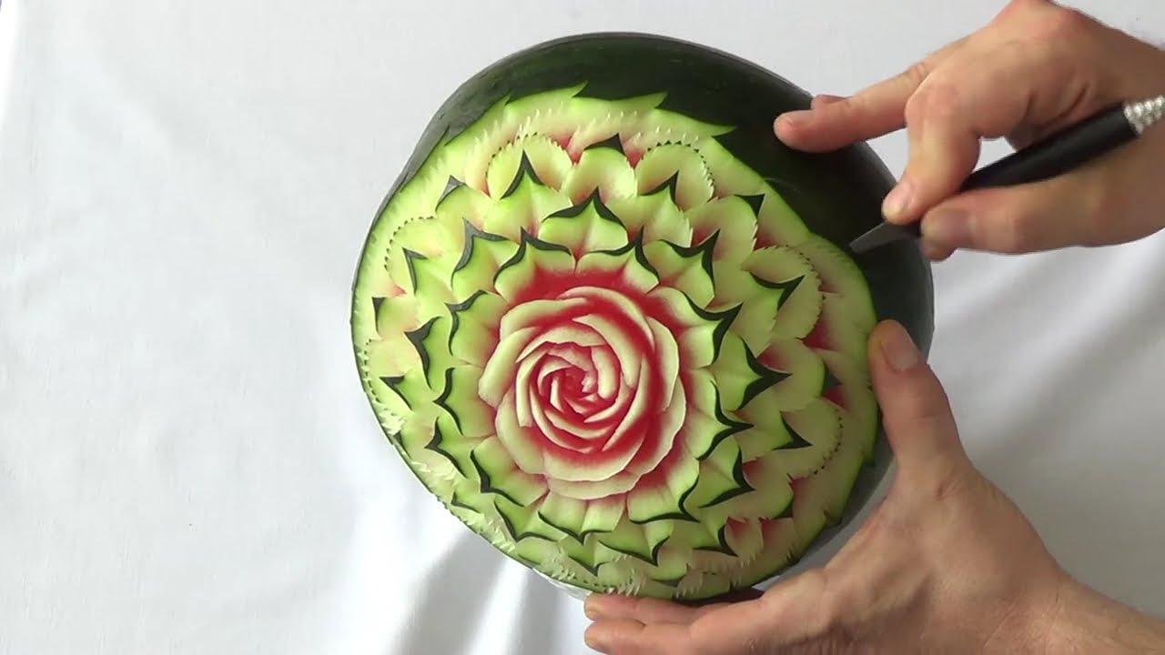 Beautiful hand-carved watermelon - rose, pointed petals, serrated leaves and interesting edge finish