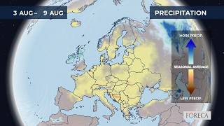 Monthly precipitation forecast for Europe 28/7/2026