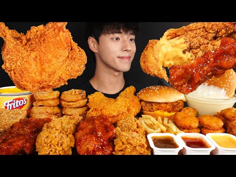 ASMR MUKBANG KFC FRIED CHICKEN CHEESE CHICKEN BURGER FRIES ONION RINGS CHICKEN NUGGETS 