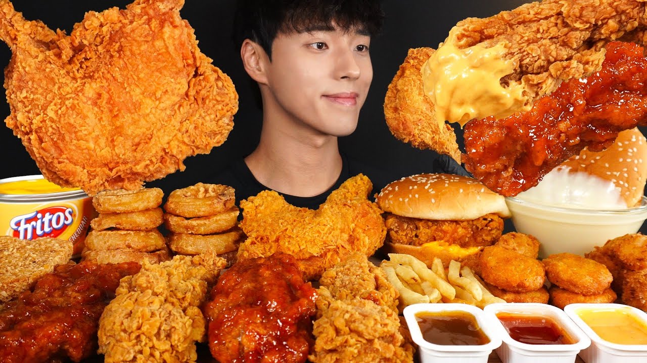 ASMR MUKBANG KFC FRIED CHICKEN & CHEESE CHICKEN BURGER & FRIES & ONION RINGS & CHICKEN NUGGETS!