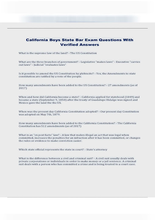 California Boys State Bar Exam Questions With Verified Answers YouTube