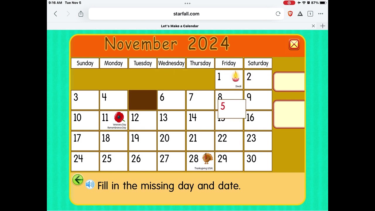 Starfall Daily Calendar - November 5, 2024 (Election Day (USA))