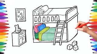 How to Draw a Children Bedroom with Bunk Bed | Drawing and Painting Bedroom for kids | Learn Videos.