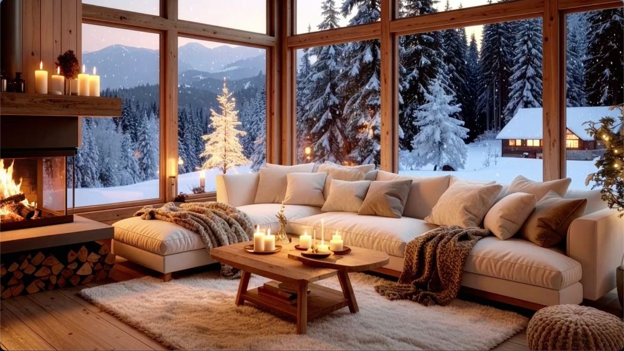 Snowy Cabin Night with Warm Fireplace Sounds and Smooth Piano Jazz | Cozy Winter Ambience