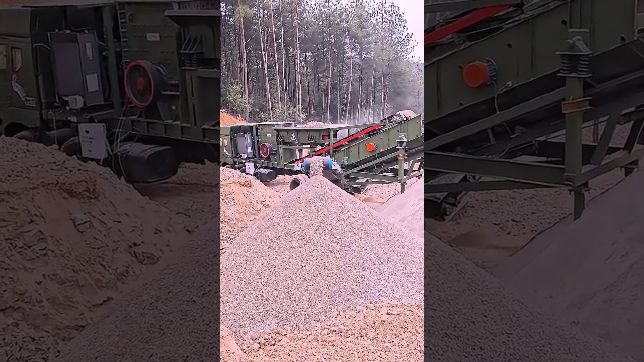 Mobile car crushing and sieving three specifications of stone materials.