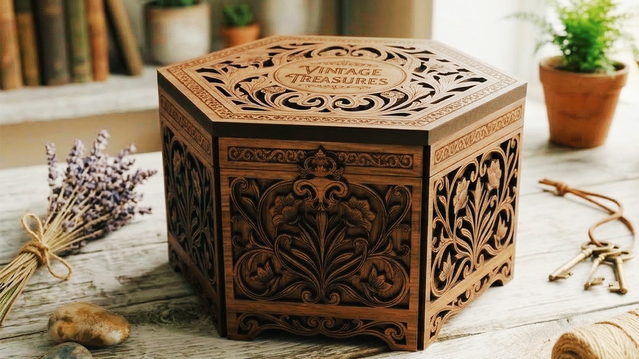 Vintage Hexagon Wooden Box SVG | Laser Cut Keepsake Memory Box
