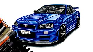 Realistic Car Drawing - Nissan Skyline GT-R R34 - Time Lapse - Drawing Ideas