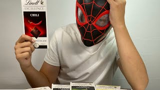 Человек паук дегустация шоколада (Spiderman chocolate tasting)! ВКУСЫ Перец чили,лайм,мята! Lindt!