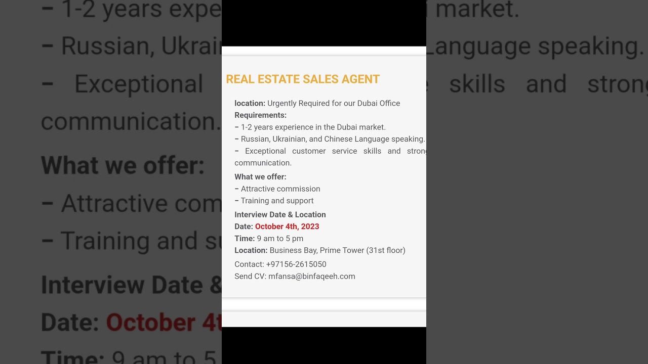 UAE WALK-IN-INTERVIEW / REAL ESTATE SALES AGENT / DUBAI
