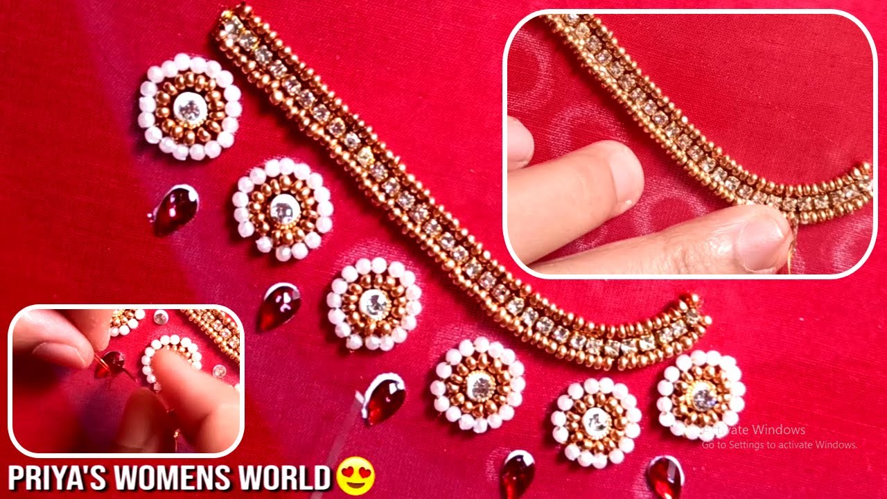 Most Beautiful Bridal Pearls With Stone Work Blouse Design Using Normal Needle & Aari Needle | PWW