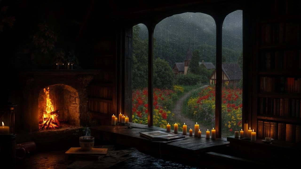 🔥 Cozy Village Fireplace on a Rainy Spring Night | Peaceful Ambience for Sleep