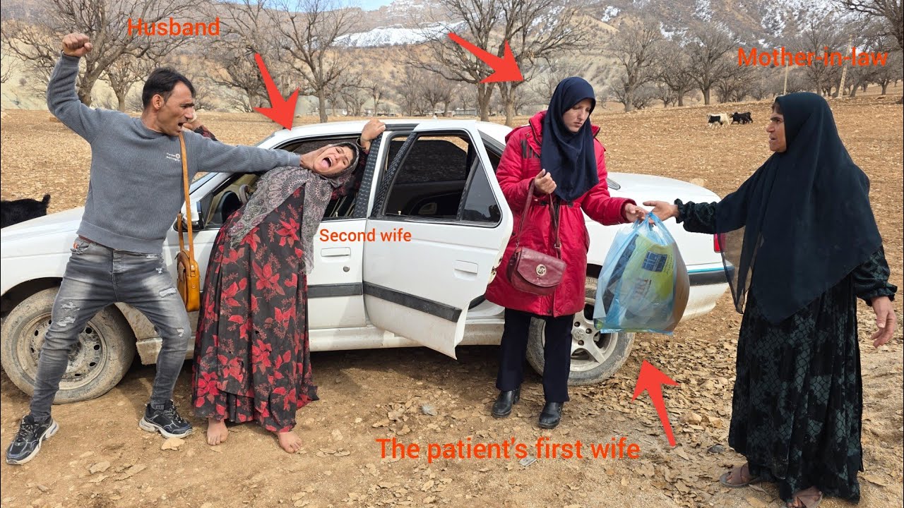  second wife is against her husband going to  hospital with  sick first wife, and  husband is angry.