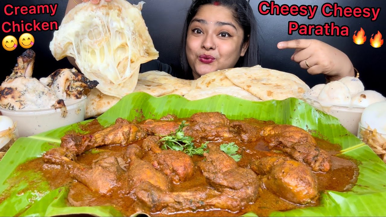 CHEESY CHEESY MALABAR PARATHA WITH SPICY CHICKEN CHETTINAD AND CREAMY CHICKEN KALIMIRI | MUKBANG