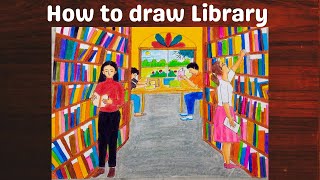 Library drawing ll how to draw Library room ll school library drawing easy ll