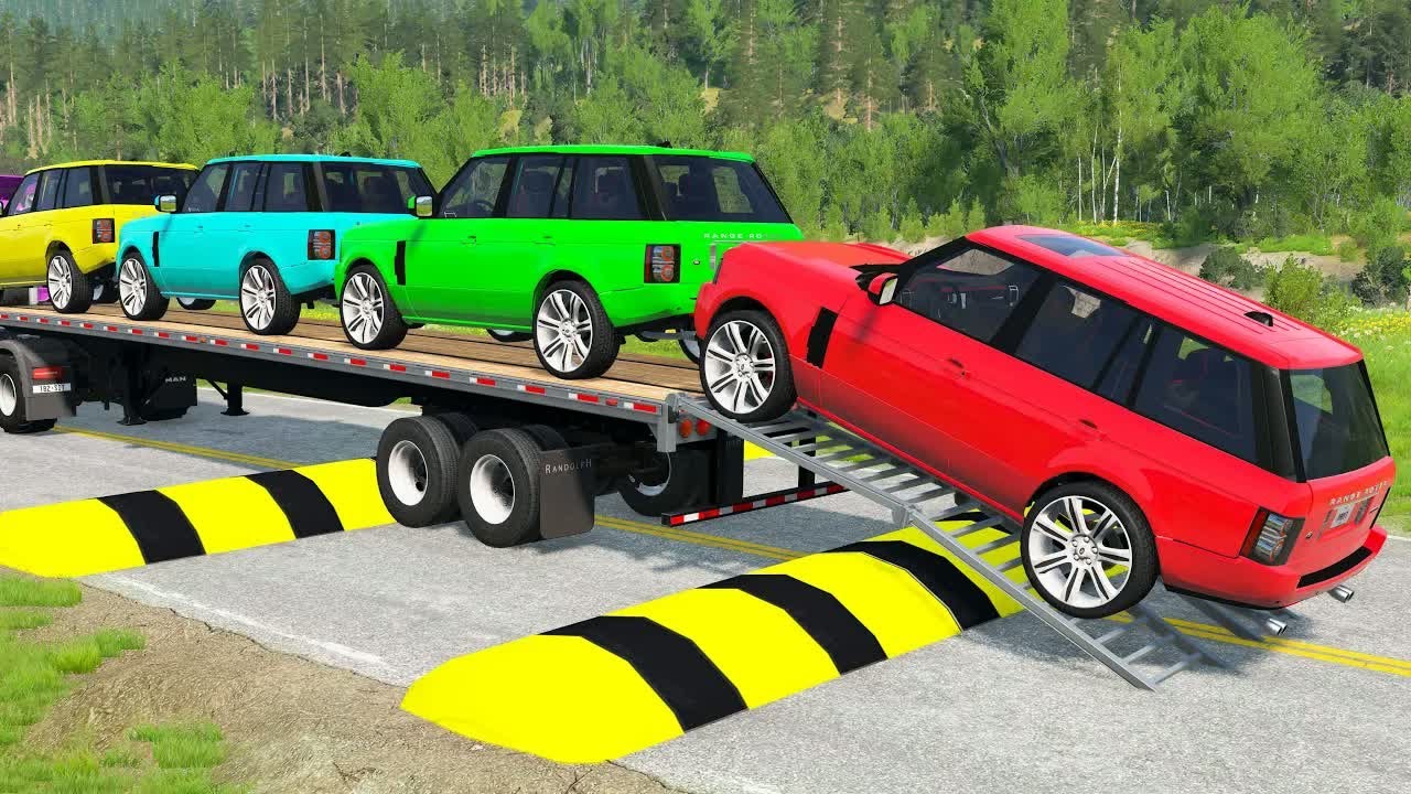 Flatbed Trailer McQueen Transportation with Truck - Speedbumps vs Cars vs Train - BeamNG.Drive #3