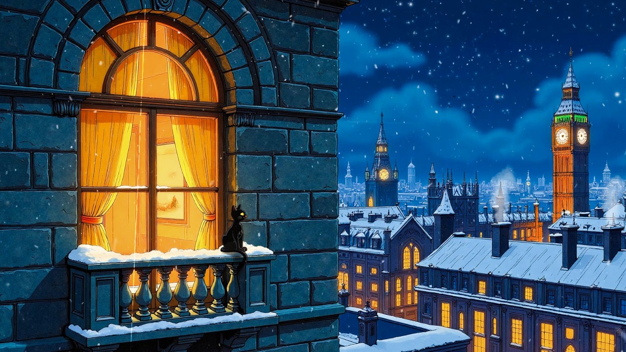 1940s cozy winter night by the fireplace with vintage oldies playing in another room